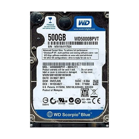 Western Digital WD5000BPVT 500GB 5.4K SATA 3Gb/s 2.5" 9.5mm Hard Drive | 3mth Wty