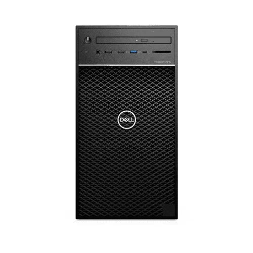Front view of a refurbished Dell Precision 3640 Tower, featuring an Intel Core i7-10700 2.9GHz CPU, 64GB RAM, 512GB SSD, NVIDIA P1000, Windows 11 Pro, and a 1-year warranty; mesh lower panel, Dell logo, and versatile ports.