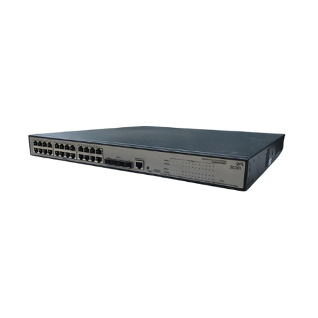 The 3Com 2928-PWR Plus is a black, rectangular 24-port Gigabit Managed PoE Switch with front indicator lights, designed for efficient wired network management in offices or data centers.