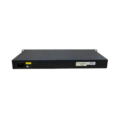 A rear view of the 3Com 2928-PWR Plus 24-Port Gigabit Managed PoE Switch by 3com shows a power socket, fuse, technical info sticker, and mounting brackets on each side, set against a plain white background.