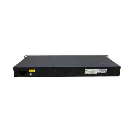 A rear view of the 3Com 2928-PWR Plus 24-Port Gigabit Managed PoE Switch by 3com shows a power socket, fuse, technical info sticker, and mounting brackets on each side, set against a plain white background.