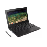 A black Lenovo 500e G3 Chromebook N5100 (1.1GHz, 4GB, 32GB, 11.6" Touch) is shown partially open and angled right with a colorful display; an Intel Celeron stylus rests nearby on a white surface.
