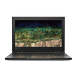 A certified refurbished black Lenovo 500e G3 Chromebook N5100 1.1GHz 4GB 32GB 11.6" Touch, open and powered on with a vibrant landscape wallpaper, shows the keyboard and touchpad below the screen.