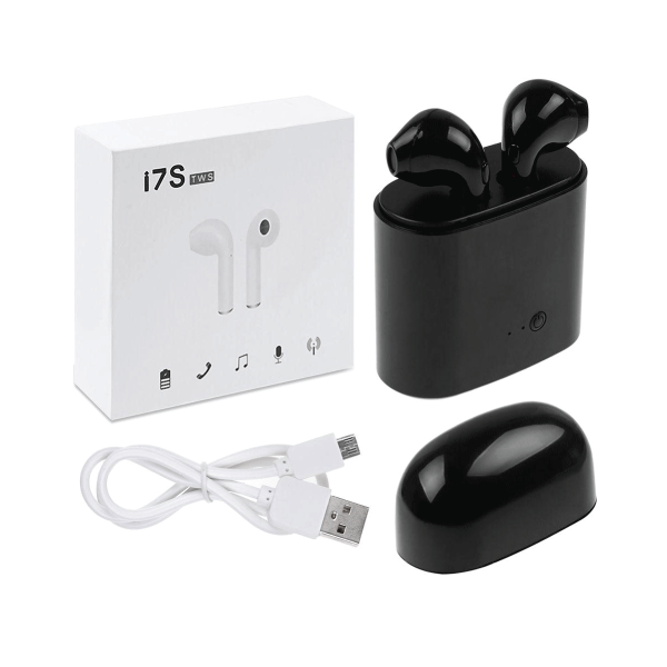 i7s TWS Wireless Bluetooth Twin Earbuds Earphones + Charger for iPhone or Samsung | Black