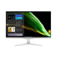 A certified refurbished Acer Aspire C27-1655 All-in-One features a 27" thin-bezel display with a vivid interface and green-black abstract background, all on a modern silver stand. Specs: i5-1135G7, 8GB RAM, 1TB SSD, WiFi, Windows 11 Pro.