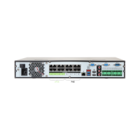 Rear view of the Dahua DHI-NVR5432-16P-4KS2E 32Ch 16PoE 4K Pro NVR displays multiple Ethernet ports, PoE power connector, cooling fan, serial and audio ports, plus I/O connections for advanced 4K surveillance.