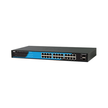 The Alloy POEGE24T2SFP is a certified refurbished 24-port Gigabit PoE+ switch with 2 SFP ports, indicator lights, a blue left panel label, and rack mount support, providing reliable network performance.