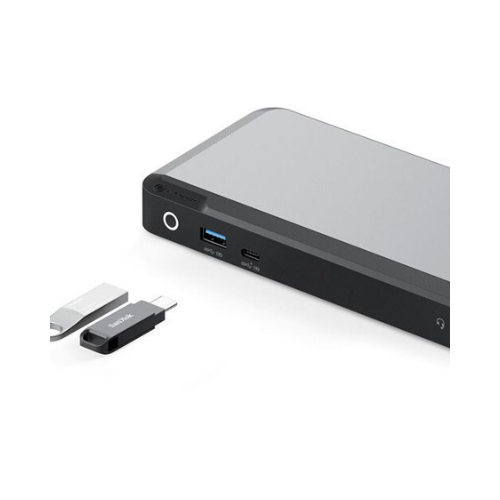 A close-up of the ALOGIC MX2 DUPRMX2 USB-C Dual Display Dock with 100W PD and adapter, featuring multiple USB and USB-C ports, plus two USB flash drives nearby—ideal for connecting 4K UHD displays.