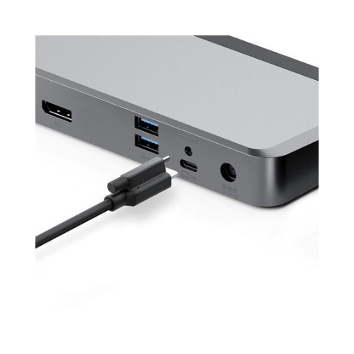 A close-up of an ALOGIC MX2 DUPRMX2 USB-C Dual Display Docks side shows HDMI, USB, USB-C, and audio ports with a USB-C cable about to connect. Ideal for linking 4K UHD displays; adapter included. Certified Refurbished.