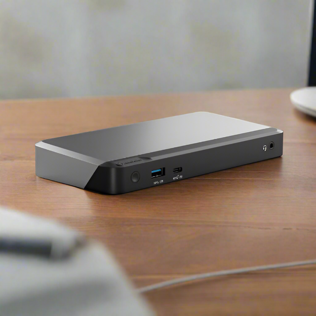 An ALOGIC MX2 DUPRMX2 USB-C Dual Display Docking Station (DP Alt Mode, 100W PD, Adapter Included) sits on a wooden desk, displaying multiple front ports including USB and headphone jacks; the background is blurred.