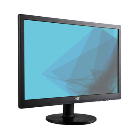 A refurbished AOC intl 22" 2260W FHD VA monitor with height adjustment and VESA mount is pictured at an angle on a round base, displaying a vibrant blue geometric background.