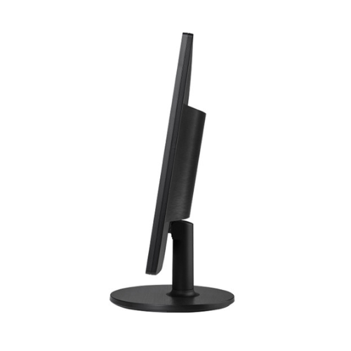 A refurbished AOC 22" 2260W FHD VA monitor with HDMI, USB-C, DP, height adjustment, and VESA mount is seen side-on, highlighting its slim profile and round base against a plain white background.