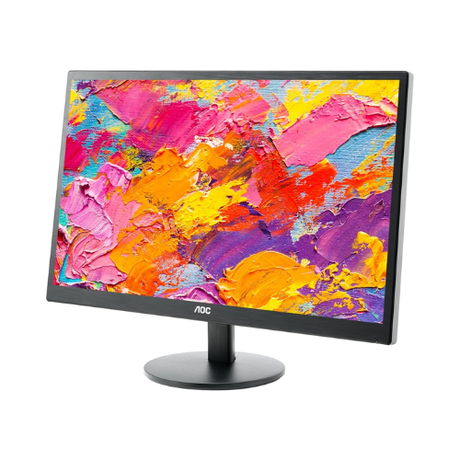 A refurbished AOC 23" 2470W FHD IPS Monitor displays a vibrant abstract painting with bold strokes of pink, orange, yellow, purple, and blue. The flat LED screen is angled slightly right and features a round base.