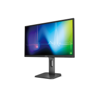 The AOC Q27P1B 27" IPS QHD monitor features a sleek black design with a rectangular base and displays vivid abstract blue, green, and purple patterns with white waveform lines—ideal for productivity.