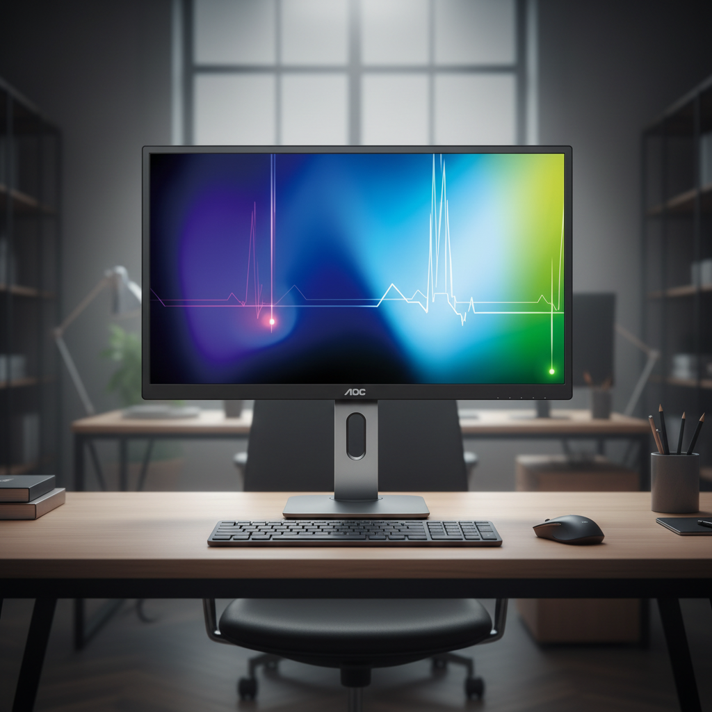 A modern office desk showcases an AOC Q27P1B 27