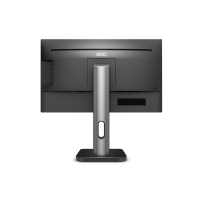 The AOC Q27P1B is a 27" black IPS QHD monitor (2560x1440) with HDMI, DP, DVI, VGA, and USB ports. Seen from the back, it features an ergonomic stand with cable management and the AOC logo at the top—ideal for productivity.