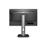 The AOC Q27P1B is a 27" black IPS QHD monitor (2560x1440) with HDMI, DP, DVI, VGA, and USB ports. Seen from the back, it features an ergonomic stand with cable management and the AOC logo at the top—ideal for productivity.