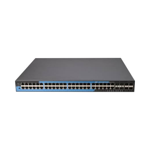 The Alloy APS-48T4SFP is a managed rackmount Gigabit PoE+ switch with 48 Ethernet ports and 4 SFP ports on the right, featuring a blue front label and displayed against a white background.