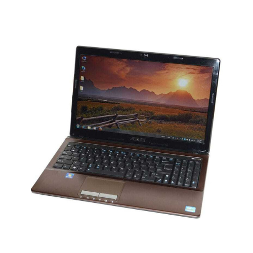 A certified refurbished ASUS K53E Laptop with brown palm rest is open and powered on, displaying a scenic mountain sunset with a wooden fence on its 15.6 LED screen. Features: i5 2410M 2.3GHz, 8GB RAM, 500GB HDD, no OS.