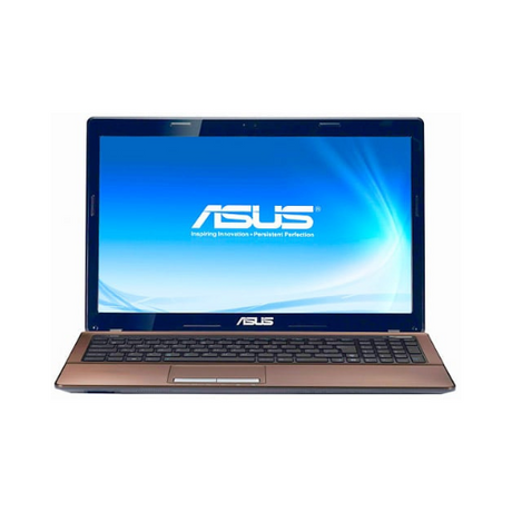 A front view of a Certified Refurbished ASUS K53E Laptop with a 15.6 display, blue screen showing the ASUS logo, Intel Core i5-2410M 2.3GHz processor, black keyboard, touchpad below it, 8GB RAM, and 500GB storage.