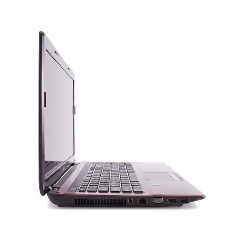 A slim, open Certified Refurbished ASUS K53E i5 2410M 2.3GHz 8GB 500GB 15.6 Laptop is viewed from the left on a white background, displaying its keyboard, ports, and screen.