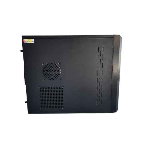 A black MSI certified refurbished desktop case is shown from the side, featuring ventilation holes and a circular fan vent. The small label in the top left indicates: ASUS PRIME B250M-C SFF i3 7100 3.9GHz 8GB 256GB SSD W10P | Wty.