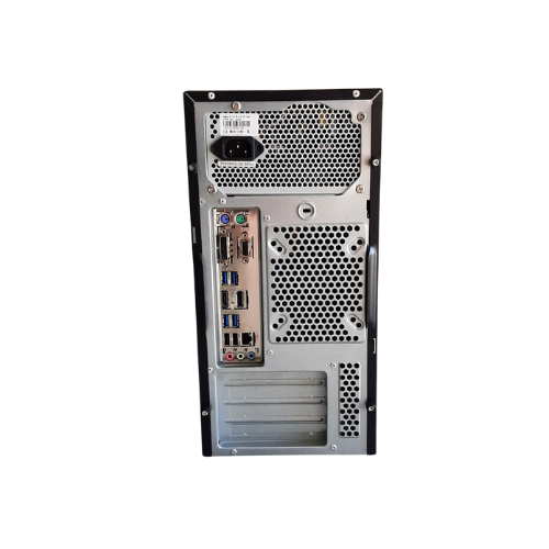 The image shows the back panel of an MSI ASUS PRIME B250M-C SFF desktop (i3-7100 3.9GHz, 8GB RAM, 256GB SSD, Windows 10 Pro) with USB, HDMI, VGA, Ethernet, audio ports, ventilation grilles and a silver-black case. Certified refurbished.