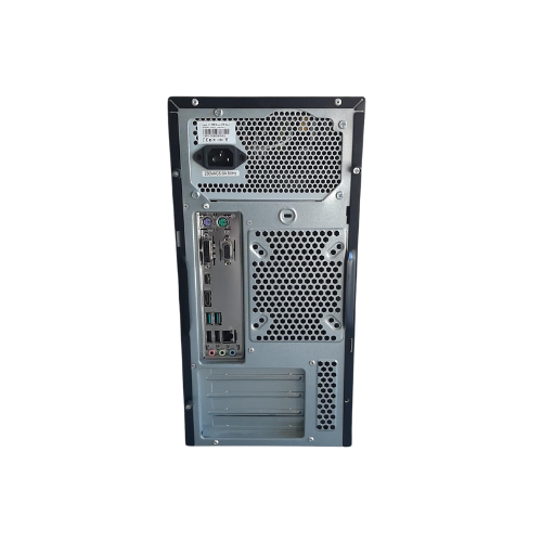 The image shows the back panel of a Certified Refurbished MSI ASUS PRIME B360M-A SFF featuring an Intel Core i3-8100, 8GB RAM, 250GB SSD, and Windows 11 Pro, with multiple vents, power supply port, USB ports, audio jacks, VGA, and connectors.