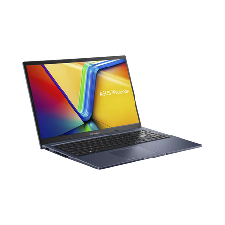A refurbished, dark blue ASUS VivoBook X1502VA laptop with an Intel Core i9-13900H processor, 16GB RAM, and 512GB SSD is open at an angle on a white background, displaying a vibrant screen with "ASUS Vivobook" text.