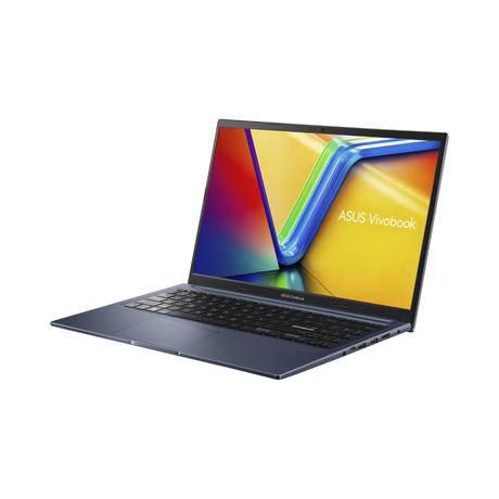 A blue ASUS VivoBook X1502VA with an Intel i9-13900H, 16GB RAM, and 512GB SSD is open on a white background. Its vibrant 15.6" display shows "ASUS Vivobook," with the keyboard and touchpad of this refurbished laptop visible.