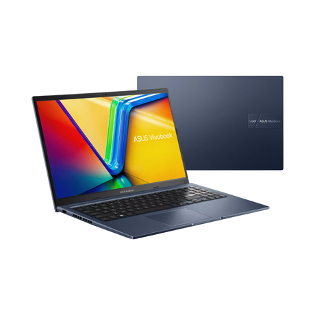 An ASUS VivoBook X1502VA certified refurbished laptop in dark blue is shown open with a vibrant display and the lid featuring the ASUS VivoBook logo. It’s powered by an Intel Core i9-13900H for fast performance.