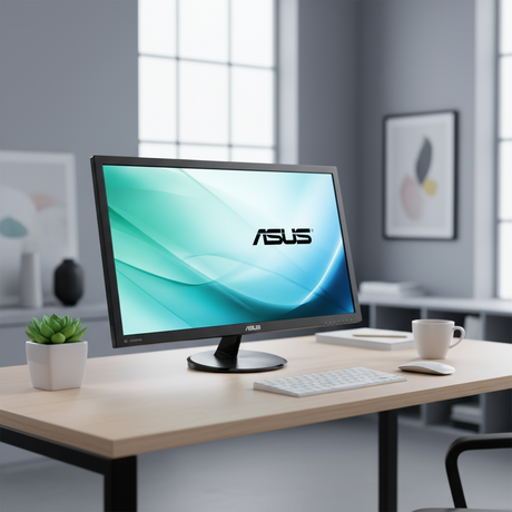 A modern office workspace showcases an ASUS VP247 23.6" 1920x1080 LCD Monitor (certified refurbished), a white keyboard and mouse, coffee, and a potted plant on a wooden desk with minimalistic decor in the background.