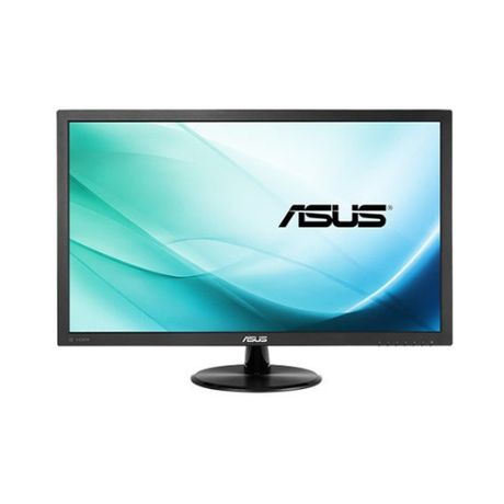A certified refurbished ASUS VP247 23.6" 1920x1080 LCD monitor with Eye Care tech and circular stand displays a blue-green gradient with the ASUS logo, shown against a white background. Includes 1-year warranty.