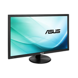 The ASUS VP247 23.6" 1920x1080 LCD Monitor features a black frame, round stand, eye care technology, and displays a blue-green abstract background with the ASUS logo onscreen.