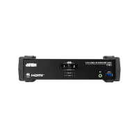Front view of the ATEN CS1822 2-Port USB 3.0 4K HDMI KVMP Switch featuring indicator lights, USB port, headphone jack, audio mixer mode, and a central toggle switch.