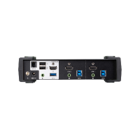 Rear view of the ATEN CS1822 2-Port USB 3.0 4K HDMI KVMP Switch by Aten, showing multiple ports (HDMI, USB 3.0, Ethernet, audio jacks) and supporting audio mixer mode for versatile connectivity.