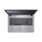 A silver Acer Aspire F5-573G viewed from above, featuring a black keyboard, large touchpad, and partially open screen. This refurbished 15.6" laptop includes an Intel Core i7-7500U, 16GB RAM, 128GB SSD + 1TB HDD, and Windows 10 Pro.