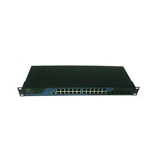 The Alloy APS-24T6SFP is a black, rack-mountable PoE+ Gigabit switch with 24 Ethernet ports, 6 SFP uplink ports, Layer 3 management, and a front panel console—ideal for business networks. Comes with a 1-year warranty.