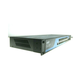 The Alloy APS-24T6SFP is a black and blue Layer 3 Managed Gigabit PoE+ switch with 24 Ethernet ports and 6 SFP slots, shown from a side angle. It features a metal enclosure, front-panel LED indicators, and is ideal for business networking.