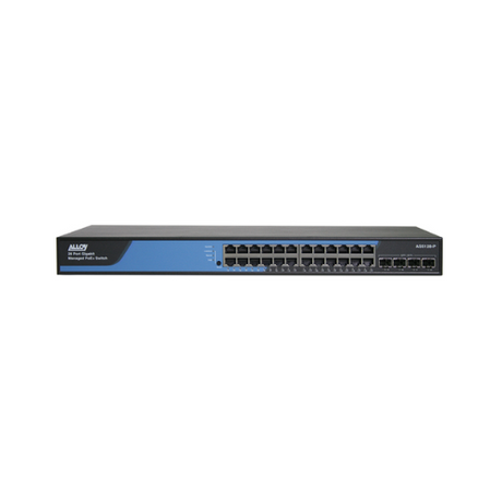 The Alloy AS5128-P is a certified refurbished Layer 3 Managed PoE+ Switch with 24 Gigabit Ethernet ports, 4 SFP ports, and features black and blue design with “Alloy Managed PoE+ Switch” labeled on the front panel.