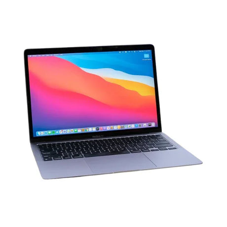 The Apple MacBook Air 2020 A2337 M1 (8CPU/7GPU, 3.2GHz, 8GB RAM, 256GB SSD, 13.3") by Apple is an ultra-lightweight silver laptop with a black keyboard and colorful macOS screen shown at an angle on a white background.
