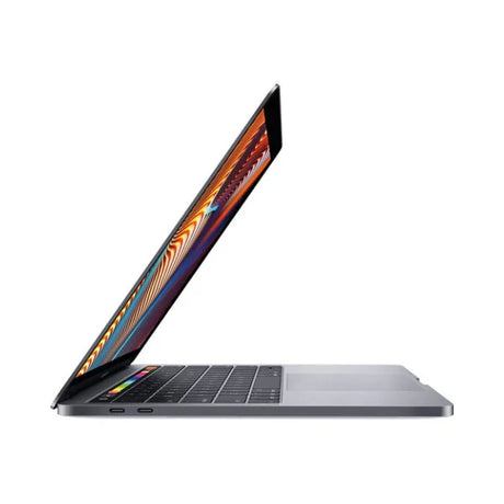 A partially open Apple MacBook Pro 2019 A2159 with a 13" Retina display, silver-gray finish, black keyboard, and USB-C ports on the left side; featuring an i5 8257U processor, 8GB RAM, and 256GB SSD storage.