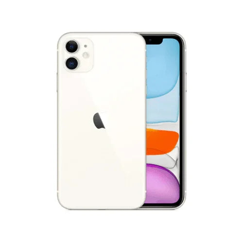 A refurbished white Apple iPhone 11 (64GB, unlocked) is shown from the front and back, displaying dual rear cameras and a vivid screen with colorful abstract shapes. Comes with a 1-year warranty.
