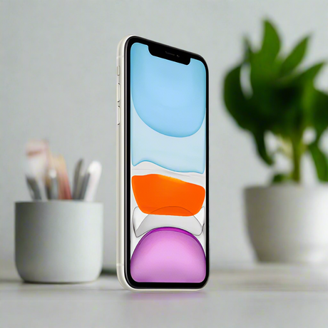 A refurbished Apple iPhone 11 64GB White Unlocked Smartphone with a black front screen and rounded edges displays colorful abstract shapes at an angle against a white background. Includes 1-year warranty.