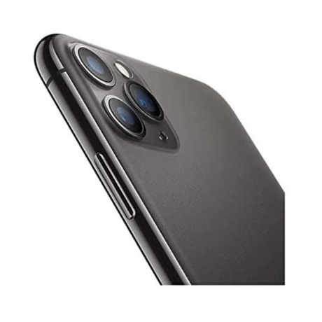 Close-up of the back of an Apple iPhone 11 Pro 64GB Space Gray Unlocked (No Face ID), featuring a triple camera setup and sleek matte finish. The device is angled to highlight the advanced lenses and side button.