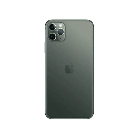 A certified refurbished Apple iPhone 11 Pro Max 256GB in Midnight Green, unlocked with a 1-year warranty, is shown from the back with triple rear cameras and a centered Apple logo against a white background.