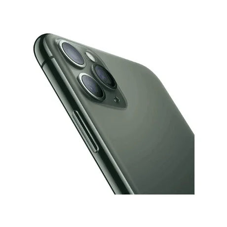 A close-up of the Apple iPhone 11 Pro Max 256GB Midnight Green Unlocked shows its triple camera, sleek metallic finish, visible side buttons, and comes with a 1-year warranty.
