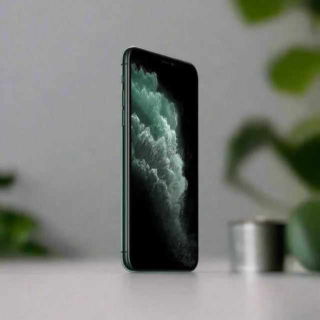 An unlocked Apple iPhone 11 Pro Max 256GB in Midnight Green stands upright on a white surface, featuring a dark abstract wallpaper; blurred green plants and a metallic object appear in the background.
