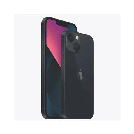 A black refurbished Apple iPhone 13 128GB Midnight Unlocked (parts only) stands upright with a gradient pink and dark wallpaper, another iPhone partially visible behind it.