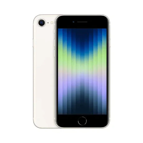 An Apple iPhone SE 2022 3rd Gen 64GB Starlight Unlocked smartphone (AU STOCK) shows a vibrant blue, green, and purple striped display. This certified refurbished device has a black front, visible back camera, and flash.